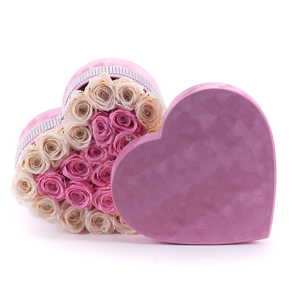 Preserved pink suede heart box 11 pink and 16 cream roses 